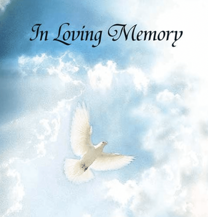 A white dove flying in a cloudy sky with 'In Loving Memory' text.